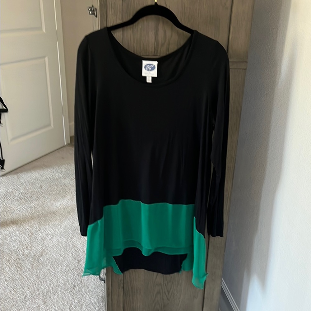 DG2 by Diane Gilman Asymmetrical Black and Green Tunic